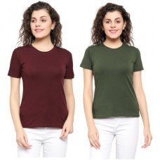 Deals, Discounts & Offers on  - KrishnafitSolid Women Round Neck Black, Maroon T-Shirt(Pack of 2)