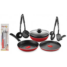 Deals, Discounts & Offers on Cookware - [Rs. 200 Back] Pigeon by Stovekraft Mio Aluminium Set, Red (8 Pieces) and Pigeon Gas Lighter Super with Stand and Knife