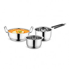 Deals, Discounts & Offers on Cookware - [Rs. 200 Back] Profusion Stainless Steel Induction Base Cookware 3 pcs Set - (Silver, Tope- 1 Litre, Karahi- 2 Litre, Sauce Pan- 1.2 Litre)