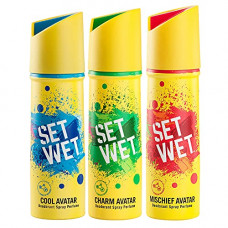 Deals, Discounts & Offers on Beauty Care - Set Wet Deodorant Spray Perfume, 150ml (Cool, Charm and Mischief Avatar, Pack of 3)
