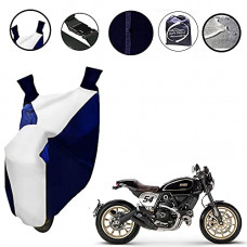 Deals, Discounts & Offers on Accessories - Auto Pearl White and Blue Matty Bike Body Cover with Mirror Pockets, Buckle Belt For Ducati Scrambler Cafe Racer