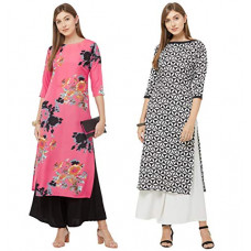 Deals, Discounts & Offers on Women - [Size M, L] ANNI DESIGNER Women's Multi-Coloured Crepe Straight Calf Length Ethnic Printed Kurti(Pack of 2)