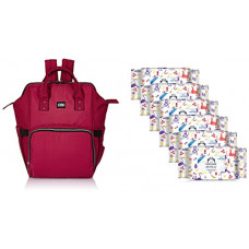 Deals, Discounts & Offers on Baby Care - Solimo Diaper Backpack, Red & Mama Bear 98% Water Wipes - 72 wipes/pack (Pack of 6)