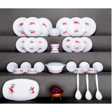 Deals, Discounts & Offers on  - Arni Pack of 32 Plastic Plastic Exclusive and Microwave Safe, Platic Printed Round Dinner Set of 32 Pieces, Red Dinner Set(Microwave Safe)