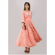 Deals, Discounts & Offers on  - [Size M] MAHAGEETAWomen Printed Cotton Rayon Blend Flared Kurta(Orange)