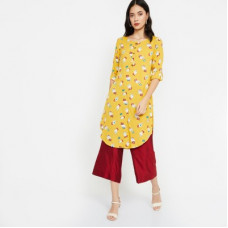 Deals and Offers on - MELANGE By LifestyleWomen Printed Rayon Straight Kurta(Yellow) Deals, Discounts & Offers on - MELANGE By LifestyleWomen Printed Rayon Straight Kurta(Yellow)