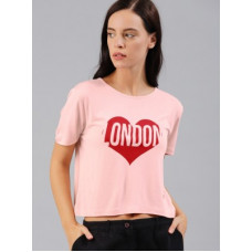 Deals, Discounts & Offers on  - [Size L] French ConnectionPrinted Women Round Neck Pink T-Shirt