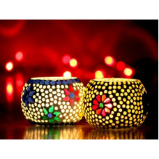Deals, Discounts & Offers on  - Craft Junction Handmade Mosaic Set of 2 Glass 2 - Cup Tealight Holder Set(Multicolor, Pack of 2)