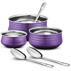 Deals, Discounts & Offers on Cookware - [Pre-Book] Ideale Stainless Steel 3 Pcs Red Handi Set with 3 Pcs Service Spoon Induction Bottom Cookware Set(Stainless Steel, 6 - Piece)