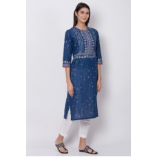 Deals, Discounts & Offers on  - [Pre-Book] BIBAWomen Printed Pure Cotton Straight Kurta(Dark Blue, White)
