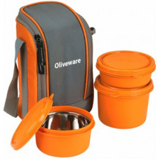 Deals, Discounts & Offers on  - [Pre-Book] Oliveware Boss Lunch Box - Orange | Steel Range | Microwave Safe & Leak Proof | 3 Air-Tight Containers with Bag | Keep Food Hot | School, College & Office Use 3 Containers Lunch Box(390 ml)