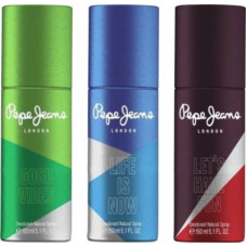 Deals, Discounts & Offers on  - Pepe Jeans GOOD VIBES LIFE IS NOW & LET'S HAVE FUN Deodorant Spray - For Men(450 ml, Pack of 3)