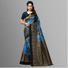 Deals, Discounts & Offers on  - kashvi sareesPrinted Mysore Cotton Silk, Art Silk Saree(Black, Blue)