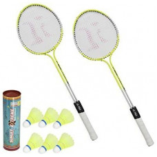 Deals, Discounts & Offers on Auto & Sports - AS Badminton Set Of 2 Piece Racquet with 6 Piece Plastic Shuttle Badminton Kit Yellow Strung Badminton Racquet(Pack of: 1, 95 g)