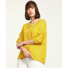 Deals, Discounts & Offers on Laptops - [Size M] Van HeusenCasual 3/4 Sleeve Solid Women Yellow Top