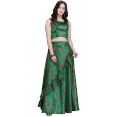 Deals, Discounts & Offers on  - inddusFloral Print Semi Stitched Lehenga Choli(Red, Green)