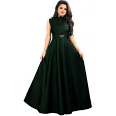 Deals, Discounts & Offers on  - GCOM TRENDZSolid Satin Blend Stitched Flared/A-line Gown(Green)