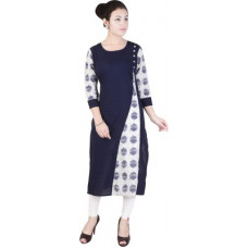 Deals, Discounts & Offers on  - Jai KurtiesWomen Printed Cotton Blend Straight Kurti(Dark Blue, White)