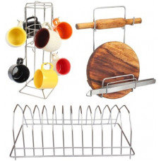 Deals, Discounts & Offers on  - OC9 Cup Holder Stand, Chakla Belan Stand and Plate Stand Combo Plate Kitchen Rack(Steel)