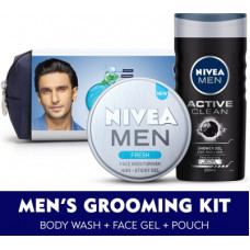 Deals, Discounts & Offers on  - NIVEA MEN Grooming Kit, Fresh Face Moisturizer Gel 75 ml, Active Clean Body Wash 250 ml, with Grooming Pouch(3 Items in the set)