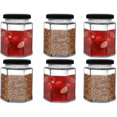 Deals, Discounts & Offers on Kitchen Containers - CROCO JAR NL048 Hexagon Glass Jar and Container 250 ml Glass Tea Coffee & Sugar Container(Pack of 6, Black, Clear)
