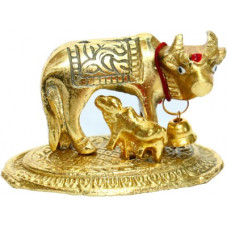 Deals, Discounts & Offers on  - Anil Job Works Kamdhenu Cow and Calf Oxidised Gold Finish Idol Decorative Showpiece - 7 cm(Aluminium, Gold)