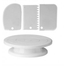 Deals, Discounts & Offers on  - NAYASA Combo Set of Plastic Revolving Turn Table Cake Stand with 3 Scrapper White Kitchen Tool Set (White) cake turn table with 3 pic scrapper set Kitchen Tool Set