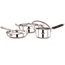 Deals, Discounts & Offers on Cookware - Renberg by 8904389600009 Steelix Plus including Kadai with Glass Lid, Fry Pan and Saucepan Induction Bottom Cookware Set(Stainless Steel, 4 - Piece)