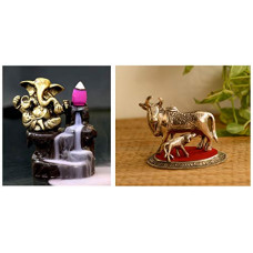 Deals, Discounts & Offers on  - eCraftIndia Lord Ganesha Smoke Backflow Cone Incense Holder Decorative Showpiece with 10 Free Smoke Backflow Scented Cone Incenses & White Metal Cow and Calf Combo
