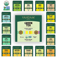 Deals, Discounts & Offers on  - Vahdam - Organic Green Tea Sampler Trial Pack | 15 Assorted Green Tea Bags | USDA Certified Organic Green Tea