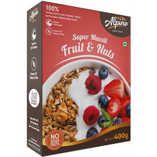 Deals, Discounts & Offers on  - Alpino Super Muesli Fruit and Nuts 400 G | 21% Dried Fruits & Nuts | 67% Whole Grain Breakfast Cereal | High in Iron | Source of Fibre | Finest Nuts & Raisins | No Sugar Infused Fruits