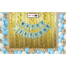 Deals, Discounts & Offers on Baby Care - PartyballoonsHK HAPPY BIRTHDAY LETTER BLUE BANNER SET +PACK OF 30 HD METALLIC BALLOONS [BLUE WHITE GOLD +2 GOLDEN CURTAINS [PACK OF 33] Balloon(Set of 33)