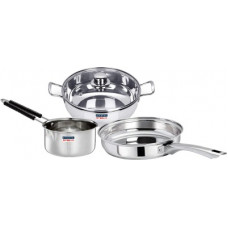 Deals, Discounts & Offers on Cookware - Renberg by 8904389600009 Steelix Plus including Kadai with Glass Lid, Fry Pan and Saucepan Induction Bottom Cookware Set(Stainless Steel, 4 - Piece)