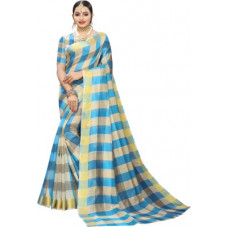 Deals, Discounts & Offers on  - SAARAWoven, Checkered Kanjivaram Cotton Silk Saree(Light Blue)