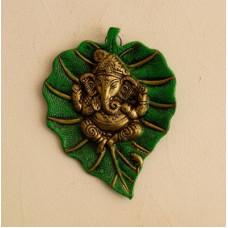 Deals, Discounts & Offers on  - eCraftIndia Lord Ganesha on Green Leaf Decorative Showpiece - 15.24 cm(Brass, Silver, Green)