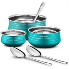 Deals, Discounts & Offers on Cookware - Ideale Stainless Steel 3 Pcs Red Handi Set with 3 Pcs Service Spoon Induction Bottom Cookware Set(Stainless Steel, 6 - Piece)