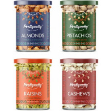 Deals, Discounts & Offers on Food and Health - Prettynutty Dry Fruits Combo Pack (100g*4) - Natural and Unsalted Almond - 100g, Cashew - 100g, Raisins - 100g and Roasted and Salted Pistachios - 100g Almonds, Pistachios, Raisins, Cashews(4 x 100 g)
