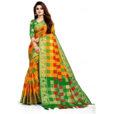 Deals, Discounts & Offers on  - TorioxWoven, Floral Print, Embellished Fashion Poly Silk, Lycra Blend Saree(Orange)