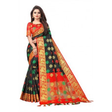 Deals, Discounts & Offers on  - TorioxWoven, Embroidered, Checkered Kanjivaram Cotton Silk, Jacquard Saree(Black)