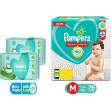 Deals, Discounts & Offers on Baby Care - [Pre Book] Pampers Diaper Pants Lotion with Aloe Vera - M 76 Pieces+Aloe 144 wipes(Multicolor)
