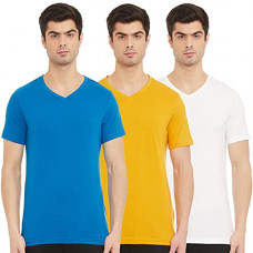 Deals, Discounts & Offers on Men - Amazon Brand - Symbol Men's Solid Regular T-Shirt (Pack of 3) (AW17PLPO3V1_Imp Blue&Sunflow&White S)
