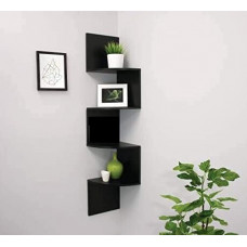 Deals, Discounts & Offers on Furniture - Abhika Arts Zig - Zag Floating Corner Shelves, 4-Tier Wall Mounted Storage Shelf with Black Finish for Bedroom, Living Room, Bathroom, Display Shelf