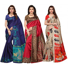 Deals, Discounts & Offers on Women - Ishin Combo Of 3 Poly Silk Multicolor Printed Women's Saree