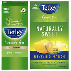 Deals, Discounts & Offers on  - Tetley Green Tea - Pure & Original, 100 tea bags (1.3g each) + Tetley Green Tea Reviving Mango Bag, 32 g