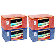Deals, Discounts & Offers on  - Kuber Industries Leheriya Printed 4 Piece Non Woven Fabric Saree Cover Set with Transparent Window, Extra Large, Orange & Blue -CTKTC40809