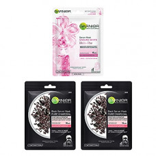 Deals, Discounts & Offers on Beauty Care - Garnier Skin Naturals 2 Black Rice Pure Charcoal & 1 Sakura White Water Glow Serum Mask, 84 g, Pack of 3