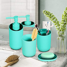 Deals, Discounts & Offers on  - Story@Home Bathroom Accessories Set (4 Piece) with Toothbrush Holder, Liquid Bottle Dispenser, Soap Dish and Tumbler (PVC), Light Turquise