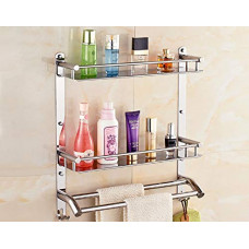 Deals, Discounts & Offers on Home Improvement - Gosai 2 Layer Shelf with Towel Rod Stainless Steel Bathroom Shower Shelf Bathroom Organizer (Silver, Size -16 inch)