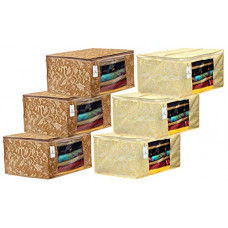Deals, Discounts & Offers on  - Heart Home Metalic Printed 6 Piece Non Woven Fabric Saree Cover Set with Transparent Window, Extra Large, Gold & Beige - CTHH22731