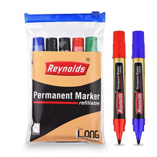 Deals, Discounts & Offers on Stationery - Reynolds Permanent Marker For Office and Home Use, Leak Proof Marker Pens with Unique Tip Stopper System | PM 5 MARKERS POUCH, 2 BLACK, 1 BLUE, 1 RED & 1 GREEN, Multicolor (REY-8904379403412)